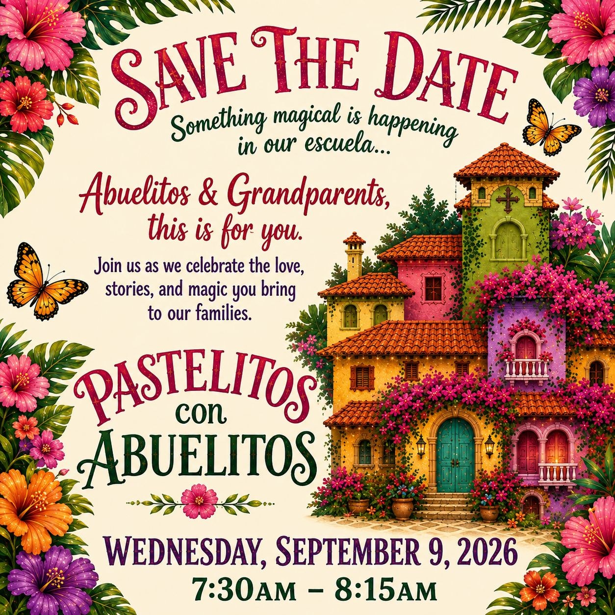Pastelitos con Abuelitos save the date graphic