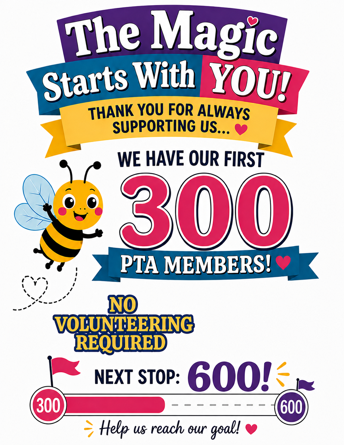 PTA membership milestone graphic celebrating 300 members